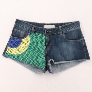 Donna Moca Y2K Beaded Denim Micro Shorts Festival Rave Indie Size 40 US 10 12